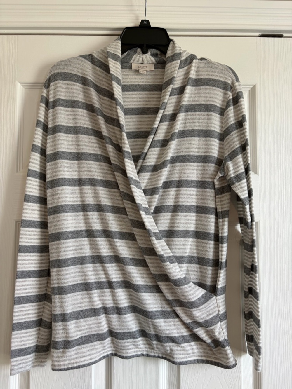 LOFT Outlet Gray and White Striped Wrap-Style Cardigan